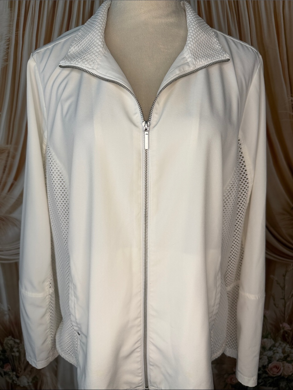 Chico's White/Cream Zip-Front Bomber Jacket with Mesh Panels